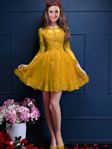 Fine Mini Length Gold Court Dresses for Sweet 16 Scalloped 3 4 Length Sleeve Lace Up