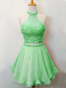 Organza Halter Top Sleeveless Lace Up Beading Damas Dress in Green