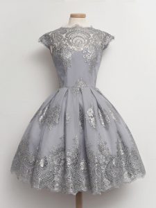 Tea Length Grey Quinceanera Court of Honor Dress Tulle Cap Sleeves Lace