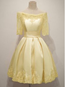 Lace Court Dresses for Sweet 16 Yellow Lace Up Half Sleeves Knee Length
