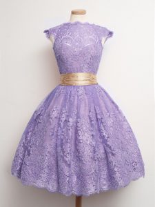 High-neck Cap Sleeves Quinceanera Dama Dress Knee Length Belt Lavender Lace
