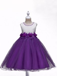 Purple Ball Gowns Lace and Hand Made Flower Kids Pageant Dress Zipper Organza Sleeveless Knee Length