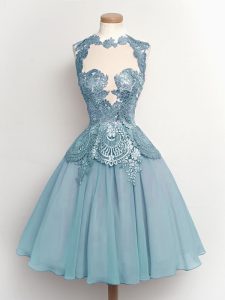 Sleeveless Chiffon Knee Length Lace Up Dama Dress in Light Blue with Lace