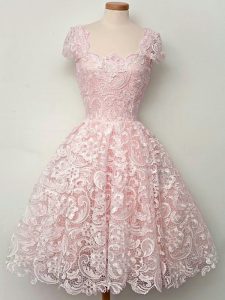 Knee Length Baby Pink Quinceanera Dama Dress Lace Cap Sleeves Lace