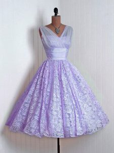 Gorgeous Mini Length Lace Up Dama Dress Lavender for Prom and Party and Wedding Party with Lace