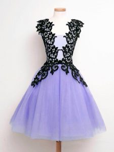 Knee Length Lace Up Quinceanera Dama Dress Lavender for Prom and Party and Wedding Party with Lace