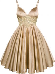 Popular Champagne A-line Lace Quinceanera Dama Dress Lace Up Elastic Woven Satin Sleeveless Knee Length