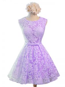 Affordable Lavender Lace Lace Up Scoop Sleeveless Knee Length Quinceanera Court Dresses Belt