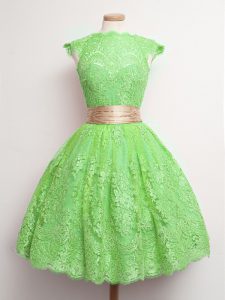 Fabulous Knee Length Lace Up Damas Dress Green for Prom and Party and Wedding Party with Belt