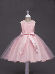 Exquisite Knee Length Baby Pink Little Girl Pageant Dress Scoop Sleeveless Zipper