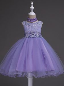 Lavender Scoop Neckline Beading and Lace Girls Pageant Dresses Sleeveless Zipper