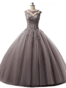 Brown Ball Gowns Tulle Scoop Sleeveless Beading and Lace Floor Length Lace Up Quinceanera Gown