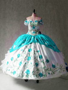 Cap Sleeves Organza and Taffeta Floor Length Lace Up 15th Birthday Dress in Multi-color with Embroidery and Ruffles