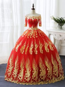 Floor Length Lace Up Vestidos de Quinceanera Red for Military Ball and Sweet 16 and Quinceanera with Appliques