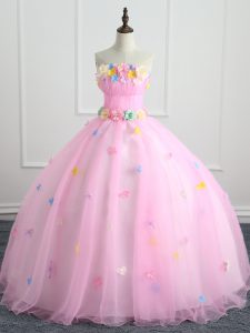 Most Popular Floor Length Pink Quinceanera Dress Organza Sleeveless Appliques and Hand Made Flower