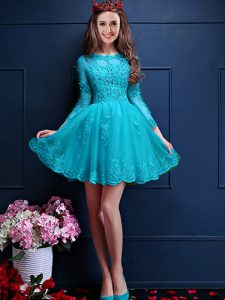Vintage Aqua Blue A-line Chiffon Scalloped 3 4 Length Sleeve Beading and Lace and Appliques Mini Length Lace Up Dama Dress for Quinceanera