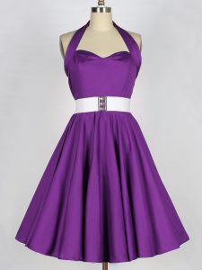Fantastic Eggplant Purple Lace Up Halter Top Belt Dama Dress Taffeta Sleeveless