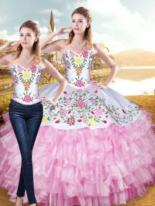 Traditional Floor Length Lace Up Sweet 16 Dress Rose Pink for Military Ball and Sweet 16 and Quinceanera with Embroidery and Ruffled Layers
