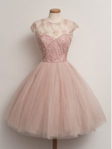 Decent Peach Ball Gowns Scoop Cap Sleeves Tulle Knee Length Lace Up Lace Quinceanera Court Dresses
