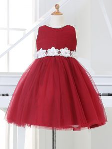 Wine Red Sleeveless Appliques Knee Length Kids Pageant Dress