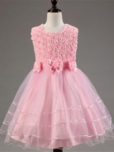 Lovely Knee Length Baby Pink Pageant Gowns For Girls Tulle Sleeveless Ruffled Layers and Hand Made Flower