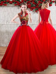Red Lace Up Sweet 16 Dresses Appliques Short Sleeves Floor Length
