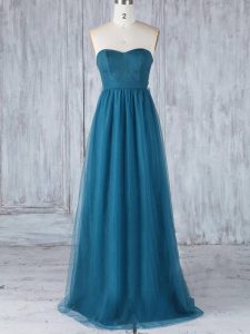 Low Price Sleeveless Tulle Floor Length Side Zipper Quinceanera Dama Dress in Teal with Appliques