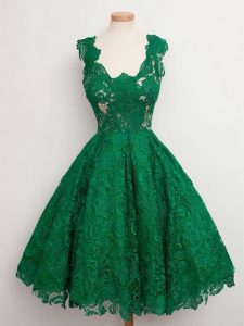 Sleeveless Lace Knee Length Zipper Dama Dress in Green with Lace