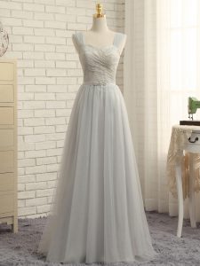 Grey Zipper Straps Lace Damas Dress Tulle Sleeveless Sweep Train