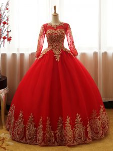Scoop Long Sleeves Organza Ball Gown Prom Dress Appliques Lace Up