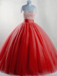 Romantic Floor Length Red Sweet 16 Dress Tulle Sleeveless Beading