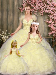 Light Yellow Sleeveless Tulle Lace Up Sweet 16 Dresses for Military Ball and Sweet 16 and Quinceanera
