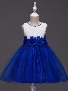 Royal Blue Sleeveless Knee Length Lace and Hand Made Flower Zipper Child Pageant Dress