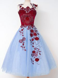 Modest Blue Sleeveless Appliques Knee Length Dama Dress