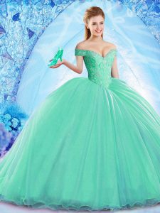 New Style Turquoise Organza Lace Up Vestidos de Quinceanera Sleeveless Brush Train Beading