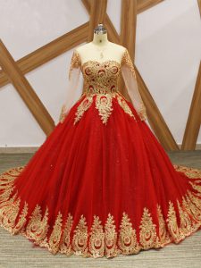 Long Sleeves Tulle Court Train Lace Up Sweet 16 Quinceanera Dress in Wine Red with Beading and Appliques