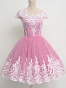 Tulle Square Cap Sleeves Zipper Lace Dama Dress for Quinceanera in Rose Pink