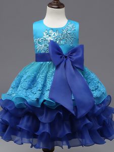 Ball Gowns Girls Pageant Dresses Royal Blue Scoop Organza Sleeveless Tea Length Zipper
