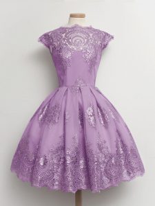 Sweet Lavender Tulle Lace Up Quinceanera Court of Honor Dress Cap Sleeves Knee Length Lace