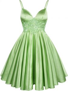 Fabulous Green Elastic Woven Satin Lace Up Spaghetti Straps Sleeveless Knee Length Quinceanera Dama Dress Lace