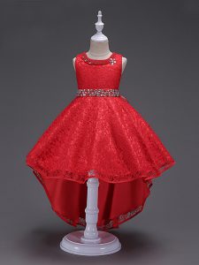 Sleeveless Lace High Low Lace Up Kids Pageant Dress in Red with Beading