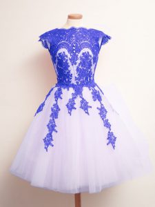 Customized Blue And White Tulle Lace Up Scalloped Sleeveless Mini Length Court Dresses for Sweet 16 Appliques