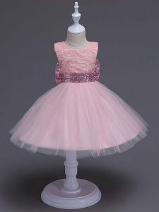 Trendy Baby Pink Zipper Scoop Lace and Bowknot Little Girl Pageant Dress Tulle Sleeveless
