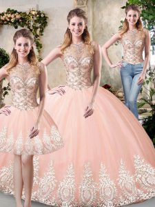 Nice Beading and Lace and Appliques Sweet 16 Dresses Peach Backless Sleeveless Floor Length