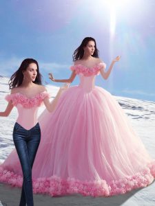 Fantastic Baby Pink Ball Gowns Tulle Off The Shoulder Sleeveless Hand Made Flower Lace Up Ball Gown Prom Dress Brush Train