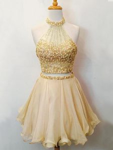 Knee Length Champagne Quinceanera Court of Honor Dress Organza Sleeveless Beading