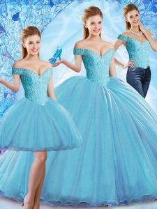 Dramatic Baby Blue Sleeveless Organza Sweep Train Lace Up Sweet 16 Quinceanera Dress for Military Ball and Sweet 16 and Quinceanera