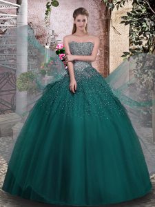Dark Green Lace Up Strapless Beading Quince Ball Gowns Tulle Sleeveless