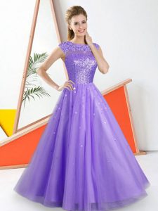 High End Lavender Bateau Neckline Beading and Lace Quinceanera Dama Dress Sleeveless Backless