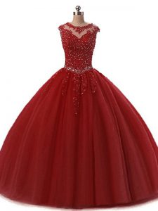 Smart Burgundy Sleeveless Tulle Lace Up Vestidos de Quinceanera for Military Ball and Sweet 16 and Quinceanera
